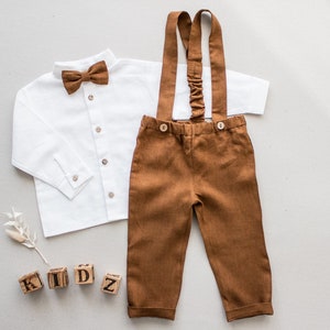 toddler boys ring bearar wedding outfit, page boy suspender pants, christening suit set - 2pcs linen outfit: suspender pants + white shirt