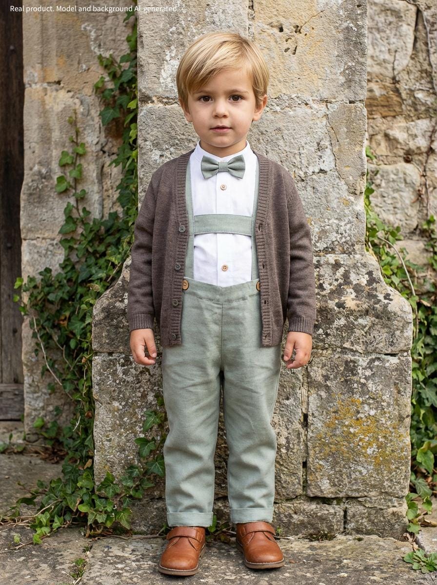 Baby Boy Baptism Outfit, Ring Bearer Suit, Boys Suit -4Pcs Sage Green Linen Outfit Pants With Straps + Bow Tie Shirt Cardigan 100% Wool