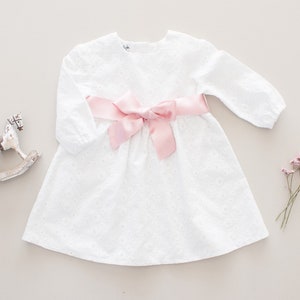 baby girl baptism dress, white dress with pink satin belt