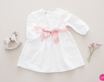 baby girl baptism dress, white dress with pink satin belt