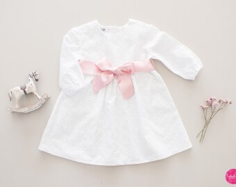 baby girl baptism dress, white dress with pink satin belt