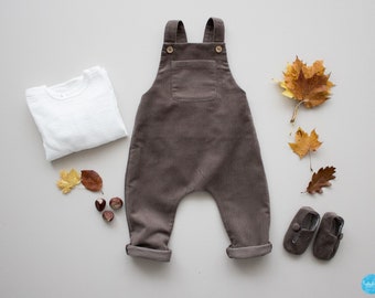 Baby boy brown corduroy dungarees overall christening pants christening romper playsuit jumpsuit baptism outfit birthday outfit