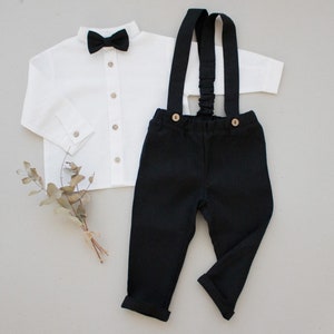 black boys wedding outfit, ring bearer outfit, page boy trousers - 2pcs linen outfit: suspender pants + white shirt