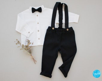 Baby Jungen Taufoutfit, Ringträgeranzug - 2tlg. Leinen Set: schwarze Hose mit Hosenträger + Hemd