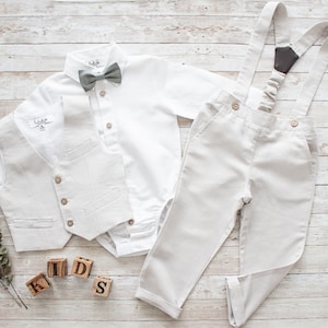 boys wedding outfit, ring bearer outfit, baptism outfit, page boy suit - 2pcs pebble grey linen suit: pants with straps + waistcoat