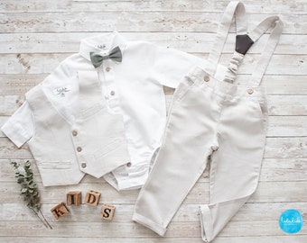 Traje de bautizo para niño, traje de boda para niño - 2 piezas. Conjunto niño lino gris guijarro: pantalón con tirantes + chaleco