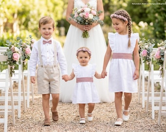 Traje de niña de las flores, vestido de niña de las flores, vestido de comunión, traje de boda - Vestido de lino de 2 piezas: vestido de niña blanco + lazo/cinturón