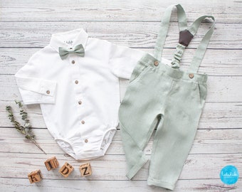 Traje de bautismo para niños, ropa de bautismo para bebés, traje de portador de anillos - conjunto de lino de 2 piezas: pantalón de lino verde eucalipto con tirantes + camisa corporal blanca