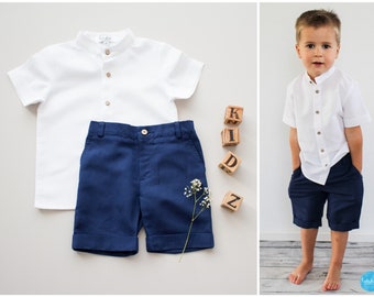 ring bearer outfit, page boy linen bermudas, toddler boy wedding suit - 2pcs boys outfit: shorts + white linen shirt
