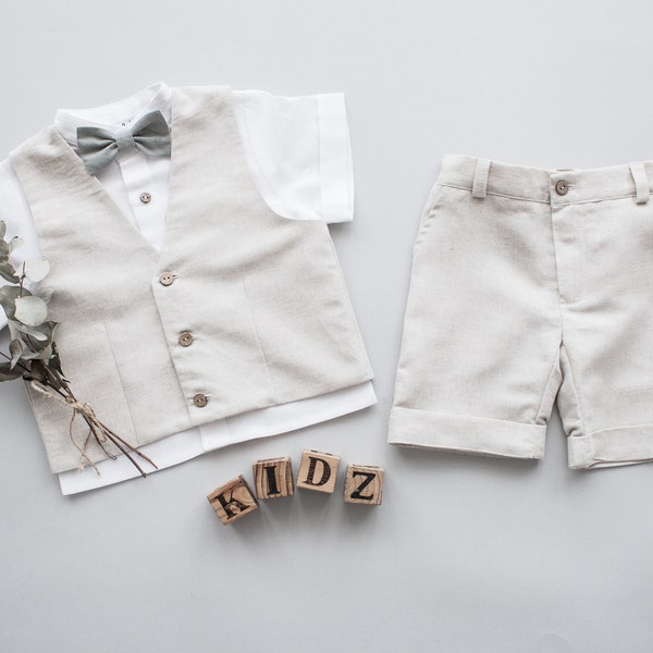 page boy outfit, boys linen suit, beach wedding outfit, ring bearer toddler wedding, linen suit vest outfit with white shirt