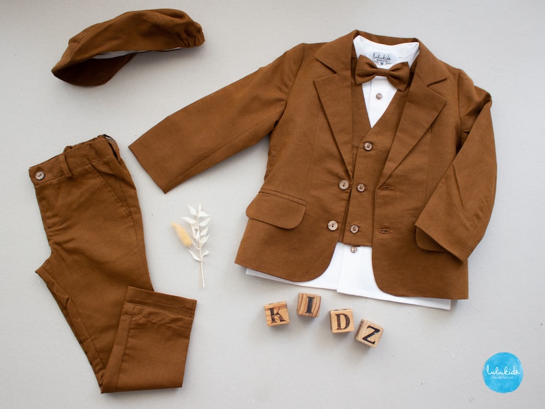 toddler linen suit, ring bearer outfit, page boy suit, toddler wedding outfit 4pcs boys linen suit: blazer pants shirt bow tie add vest + cap