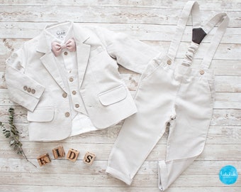 Jungen Outfit Taufe, Ringträger Kinder Anzug Hochzeit  - 4tlg. Leinen Outfit: Hose mit Hosenträgern + Weste + Hemd + Fliege