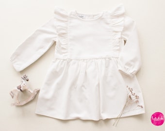 robe blanche en velours côtelé à manches longues avec volants - robe de baptême bébé fille robe en coton tenue de baptême robe de fille de fleur robe de mariée tenue de mariage