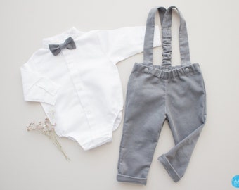 Baby boy baptism outfit, wedding outfit, page boy suit, carrierpants - 2pcs corduroy outfit: pants with straps + white linen bodysuit