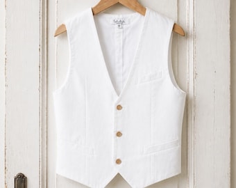 Uitverkoop - Maat 140 - Wit, nauwsluitend linnen vest voor jongens, geschikt voor een trouwpak, communiepak, pak voor een bruidsjonker, pak voor een ringdrager of bloemenjongen.