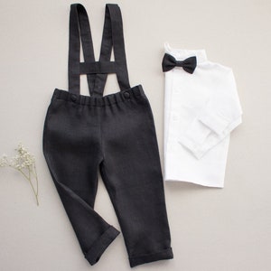 Tenue de baptême garçon, pantalon en lin vert sauge avec bretelles pants+shirt+bow tie