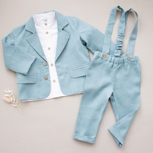 toddler ring bearer clothes, boys suspender outfit, 4pcs set for beeach wedding blazer, pants, shirt, bow tie image 3