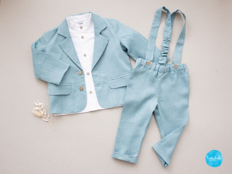 toddler ring bearer clothes, boys suspender outfit, 4pcs set for beeach wedding blazer, pants, shirt, bow tie image 3