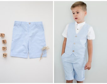 SALE - size 92 - Boys christening outfit, ring bearer outfit, bermudas - light blue shorts made from organic cotton