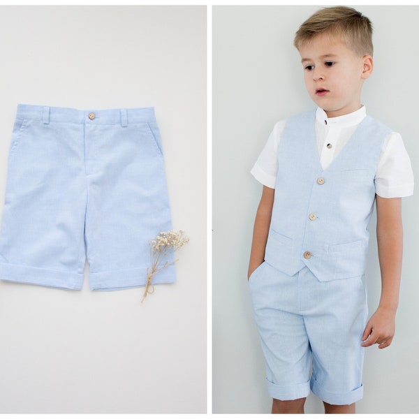 SALE - Gr. 92 - Jungen Taufoutfit, Ringträgeroutfit, Bermudas - hellblaue Shorts aus Bio-Baumwolle