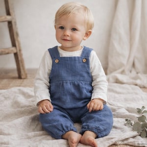Baby boy christening suit, christening outfit, christening clothes, romper, jumpsuit, overalls, overall, onesie - blue muslin trousers (organic cotton)