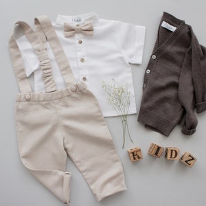 4pcs linen outfit: pants with suspenders + white shirt + bow tie + cardigan