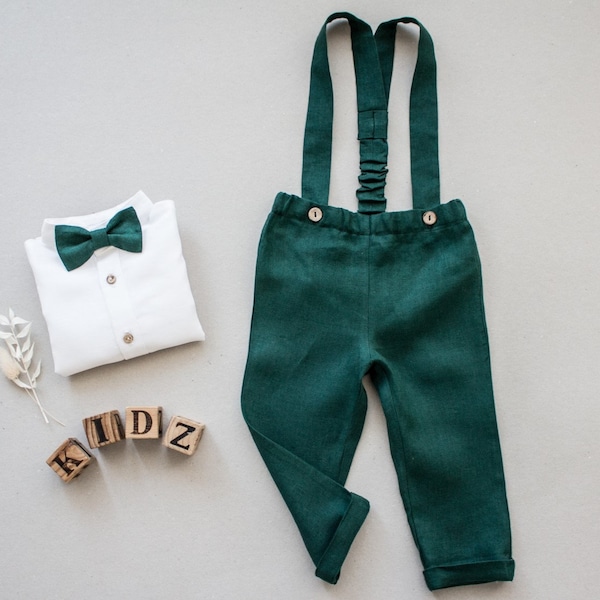 emerald green ring bearer outfit, boys baptism pants, toddler wedding page boy outfit - 2 pcs linen outfit: emerald green pants + bow tie