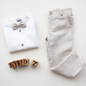 Sales - size US12-18 and 12 - boy ring bearer outfit, wedding suit, page boy outfit - 2 pcs natural linen outfit: pants  + bow tie