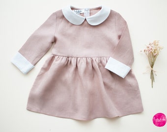 Baby Mädchen Taufkleid, Blumenmädchen Outfit, Leinenkleid mit Bubikragen