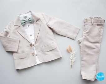 boys wedding suit, page boy outfit, toddler ring bearer, christening outfit - 3pcs beige boys linen suit: blazer + pants + white shirt