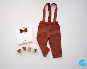 SALE rust linen boys suspender pants, fall wedding outfit, ring bearer pants with bow tie