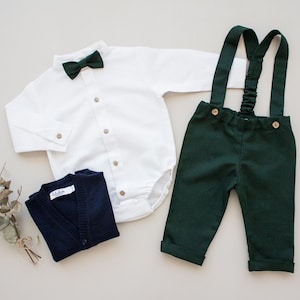 baby boy wedding outfit, boys wedding suit, toddler page boy outfit, ring bearer outfit 2 pcs suit set: pants with suspenders bow tie image 7