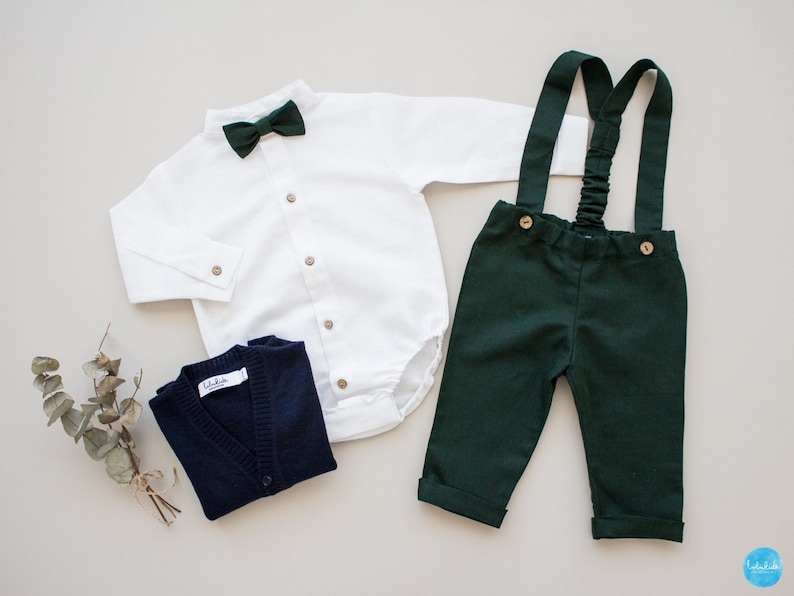 baby boy wedding outfit, boys wedding suit, toddler page boy outfit, ring bearer outfit 2 pcs suit set: pants with suspenders bow tie image 7