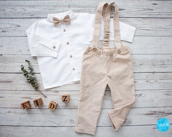 Baby boy baptism outfit, wedding outfit, page boy suit, carrierpants - 2pcs corduroy outfit: pants with straps + white linen bodysuit