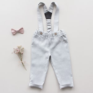 smoke green boys wedding outfit, page boy outfit, ring bearer outfit 2 pcs toddler linen suit: pants with suspenders bow tie pants + bow tie