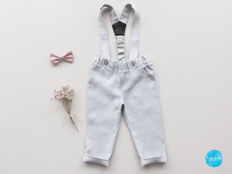 smoke green boys wedding outfit, page boy outfit, ring bearer outfit 2 pcs toddler linen suit: pants with suspenders bow tie pants + bow tie