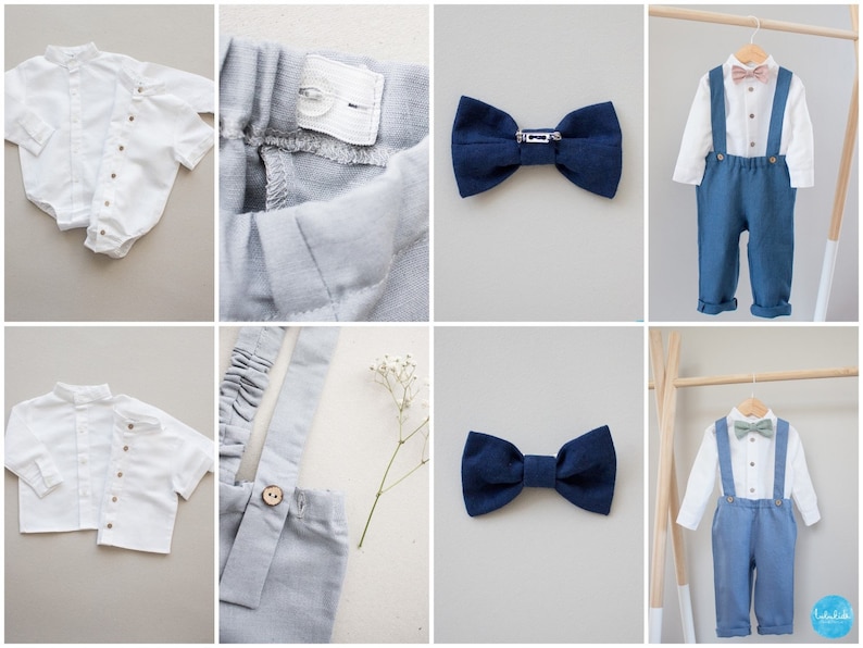 baby boy wedding outfit, boys wedding suit, toddler page boy outfit, ring bearer outfit 2 pcs suit set: pants with suspenders bow tie image 6