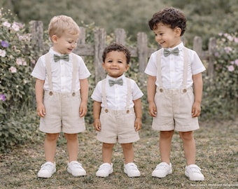 Sales - Baby Jungen Taufoutfit, Taufhose, Ringträgeroutfit, Hochzeitsanzug, Jungenhose, Leinenhose - natur Leinen Shorts mit Hosenträger