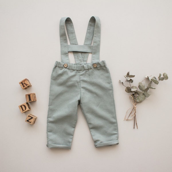 baby boy sage green carrier pants, toddler pants, boy ring bearer outfit,  boy baptism suit - linen pants with straps