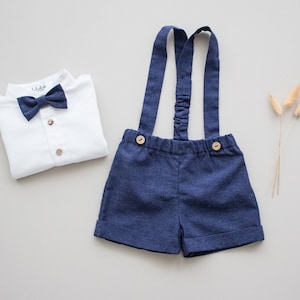 Sales - Baby boy suit, baptism outfit, wedding suit, toddler shorts, ring bearer outfit - 2pcs boy outfit: blue shorts with straps + bow tie