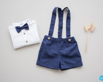 Ensemble 2 pièces : short à bretelles + noeud papillon enfant en chambray (coton bio)