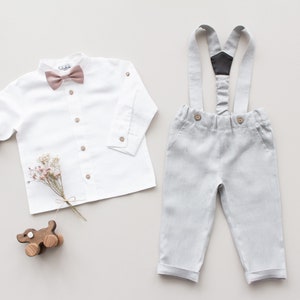 baby boy baptism outfit, page boy suit, ring bearer outfit, wedding suit - 2pcs linen boy outfit: light grey pants with straps + white shirt