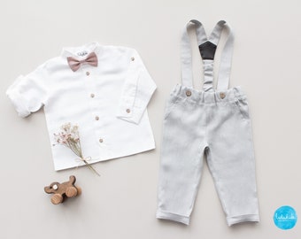 baby formal outfit, toddler ring bearer suit set, wedding boy outfit - 2pcs linen boy outfit: light grey suspender pants + white linen shirt