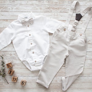 smoke green boys wedding outfit, page boy outfit, ring bearer outfit 2 pcs toddler linen suit: pants with suspenders bow tie add bodysuit