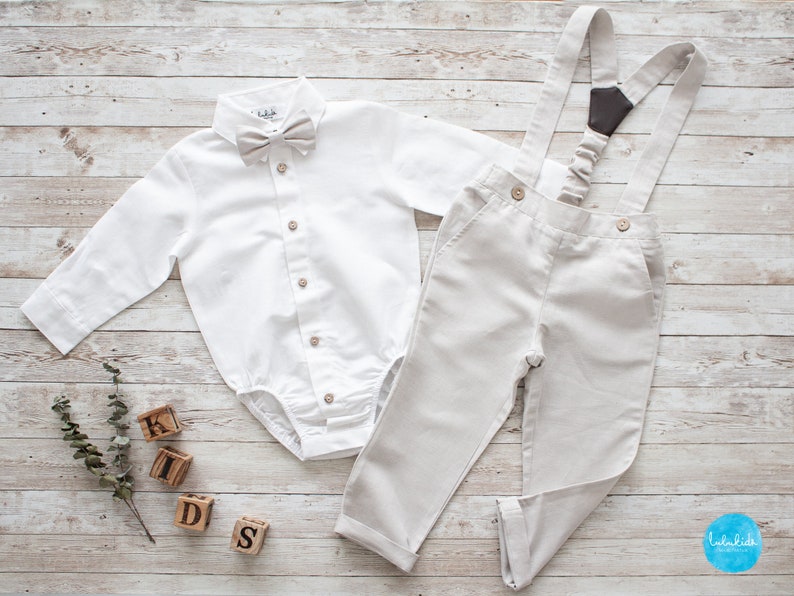 smoke green boys wedding outfit, page boy outfit, ring bearer outfit 2 pcs toddler linen suit: pants with suspenders bow tie add bodysuit