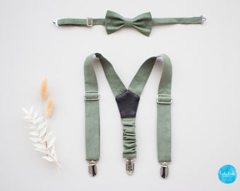 boys linen suspenders and bow tie, smoke green suspenders, ring bearer outfit, boys wedding outfit, page boy suspenders