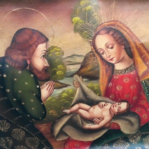 Joseph, Baby Jesus and Virgin Mary Cuzco School Oil Painting