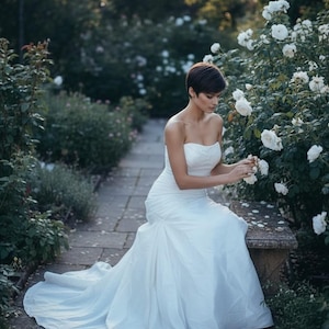 May include: A strapless white wedding dress with a flowing skirt. The dress is worn by a person with short dark hair, seated on a stone bench in a garden. White roses and greenery surround the bench, creating a romantic scene.