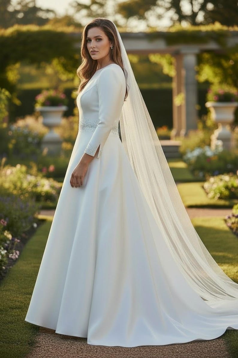 May include: A white wedding dress with long sleeves and a flowing skirt. The dress features a beaded belt and a long, sheer veil. The bride is standing in a garden setting with greenery and flowers in the background.