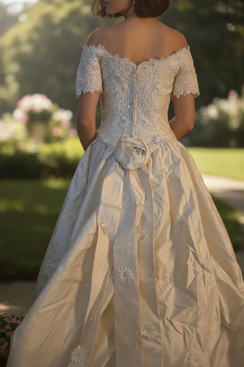 May include: An off-the-shoulder cream-coloured gown featuring short sleeves, intricate lace embroidery on the bodice, a central back zip, and a large fabric rose at the waist with cascading vertical panels adorned with small floral appliqu&eacute;s.